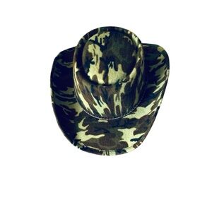 Vtg green & brown camouflage felt Telescope Gambler cowboy hat leather band 6.75